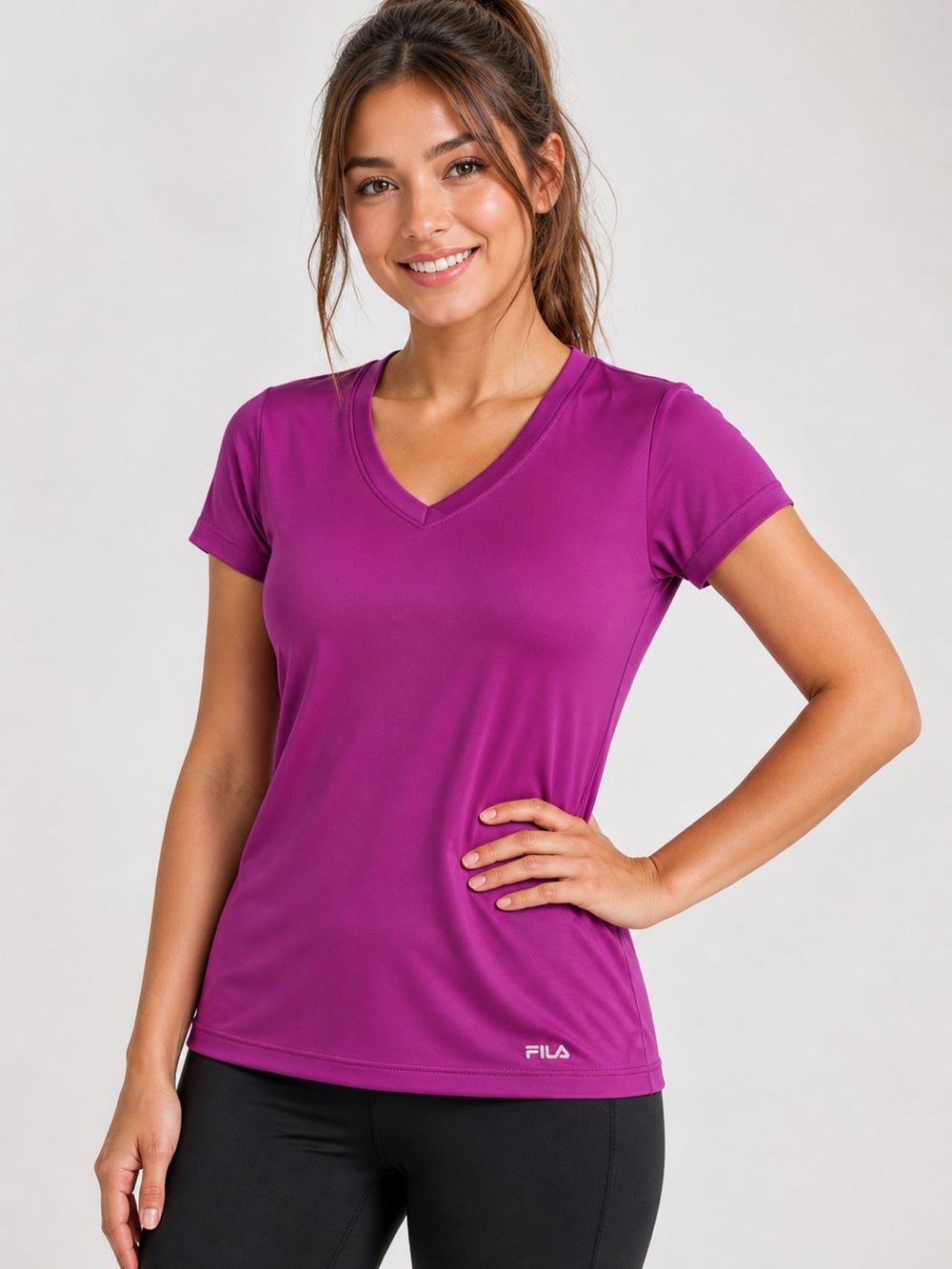 Fila Women's Short-Sleeve V-Neck Tee in Bright Purple